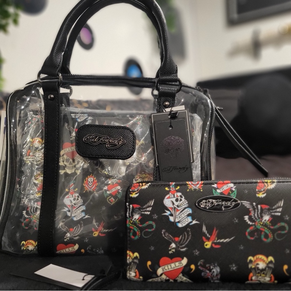 Ed Hardy Black and Multicolor Graphic Tote Bag Set